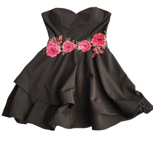 B Darlin Strapless Sweetheart Mini Floral Dress Women's 9/10 Black Whimsigoth